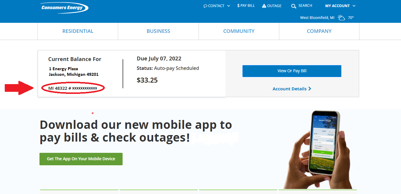 consumers energy home screen find your account number example